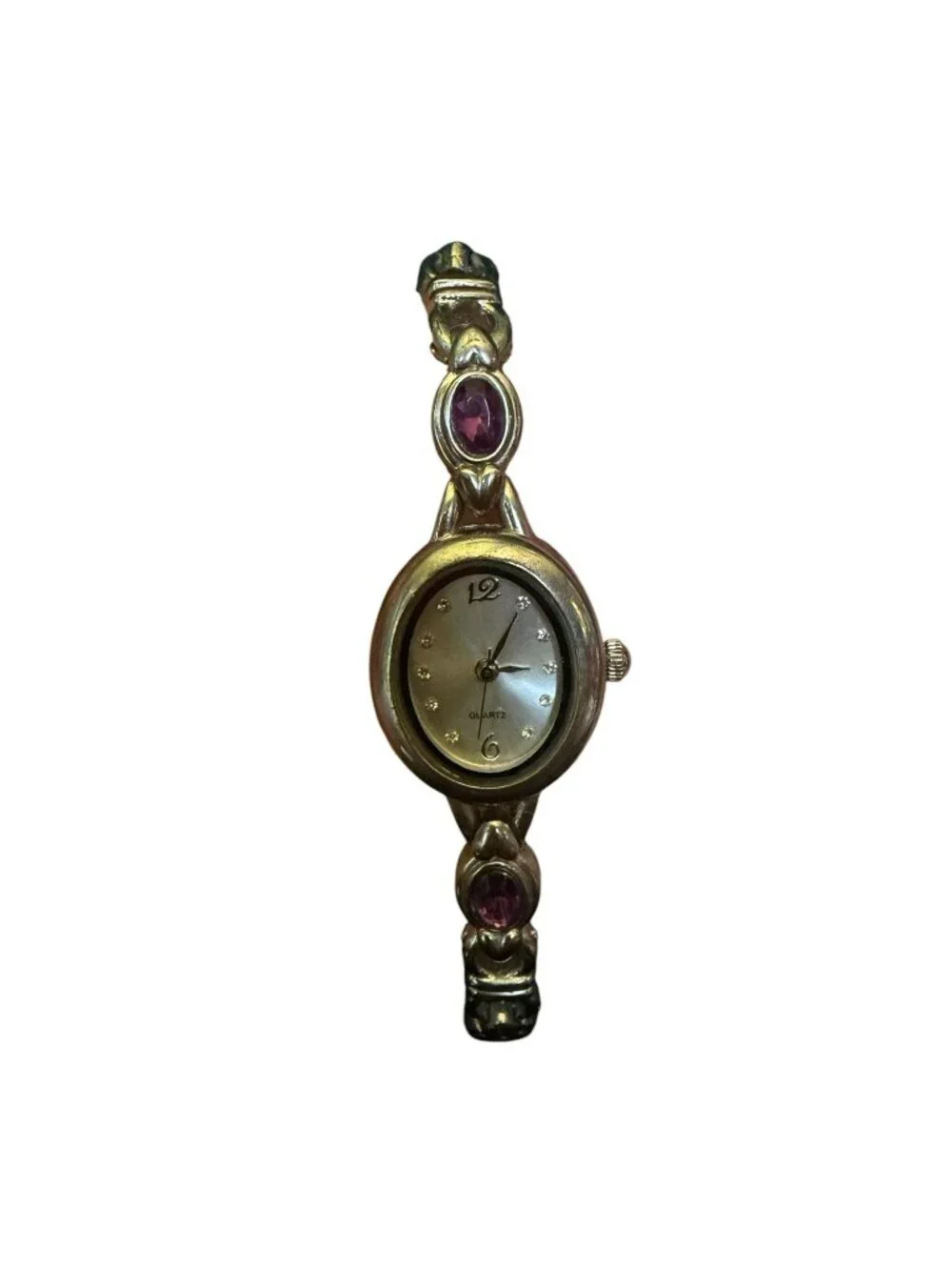 Vintage Silver-Tone Quartz Watch Amethyst Accents Stainless Steel Japan Movement